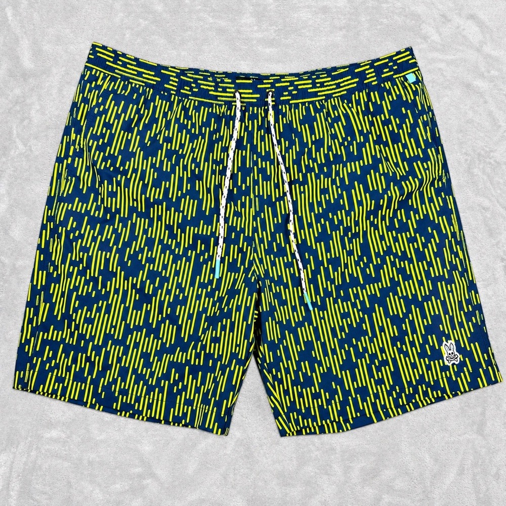 Psycho Bunny Men's XXXL Swim Trunks Navy Yellow Rain Streak Print B6W325S1PO